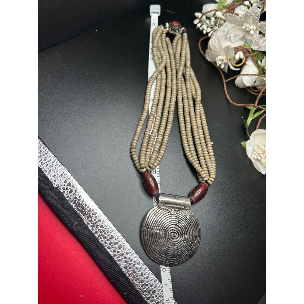 Artisan Multi Strand Seed Bead Necklace Silver Tone Spiral Medallion Red Accents - Picture 3 of 4